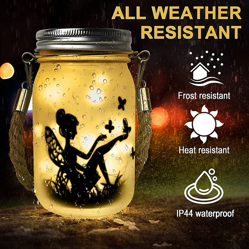 Solar Fairy Lanterns Frosted Glass Hanging Mason Jar Lights with 20LEDs and DIY Paper Cards Warm White Light IP44 Waterproof Bl21021